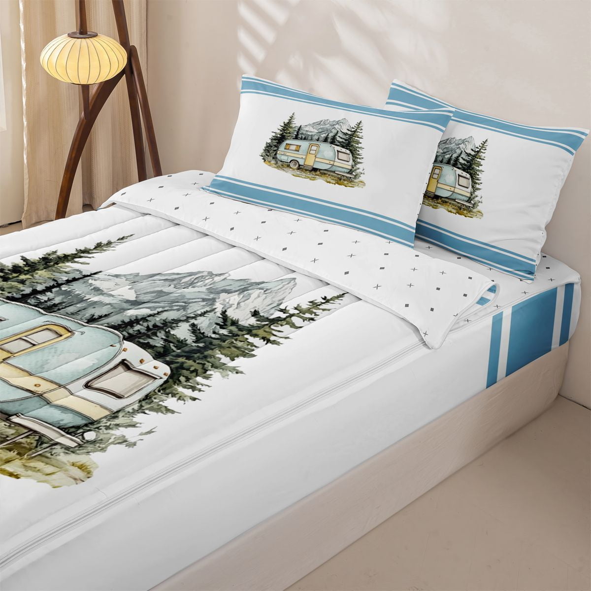 Homewish Watercolor RV Car Zipper Twin Comforter Sets with Fitted Sheet and 2 Pillowcases Blue Stripe Mountain Zipper Bedding Set for Men and Women Reversible 4pcs