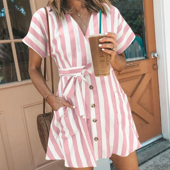 Summer Dresses for Women 2025 Zeophrasy Women And Linen V-neck Button Up Shirt Cardigan Belt Striped Shirt Dress With Pocket Clearance Under 5