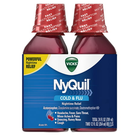 Vicks NyQuil, Nighttime Cold & Flu Symptom Relief, Relives Aches, Fever, Sore Throat, Sneezing, Runny Nose, Cough, 12 Fl Oz (Pack of 2), Cherry