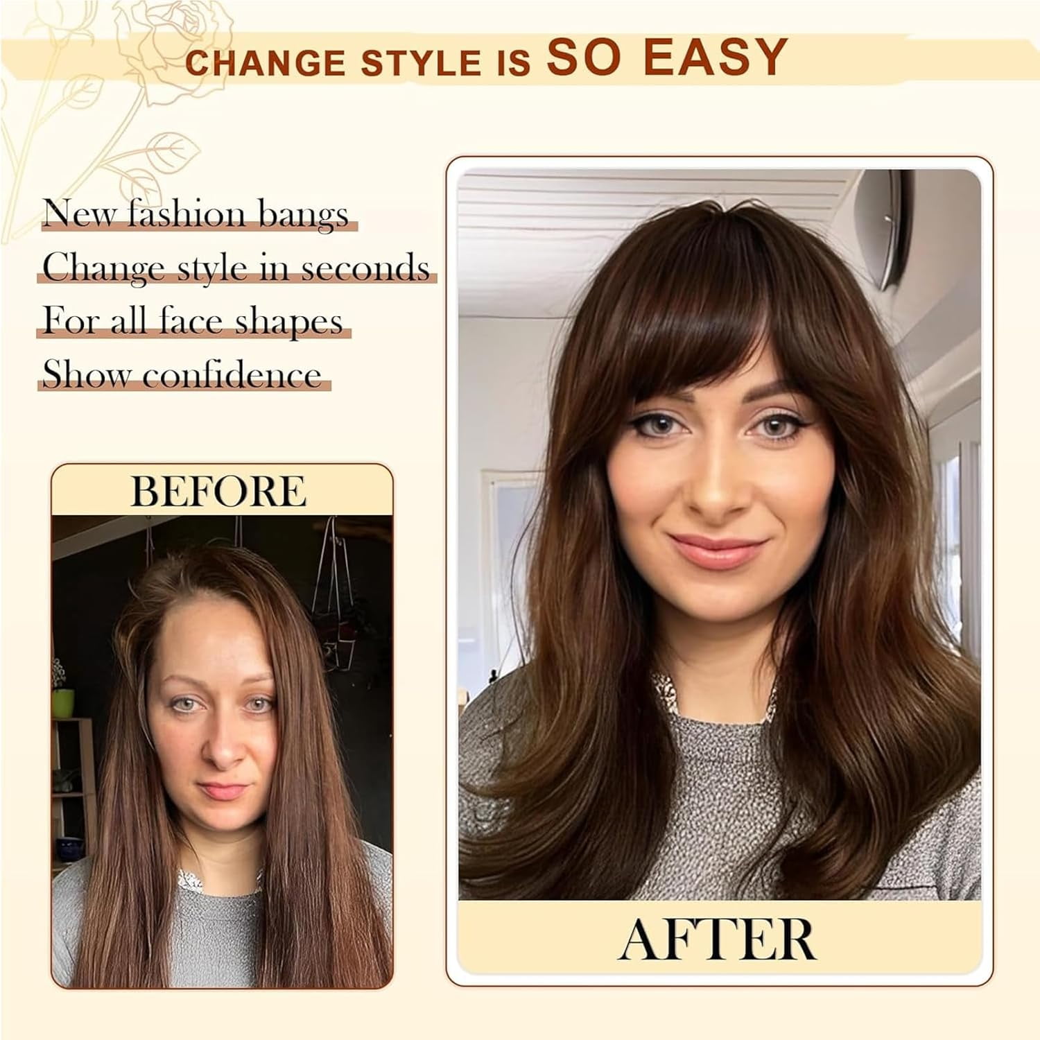 Aorsher 100% Real Human Hair Extensions, Bangs Hair Clip in Bangs, French Bangs Fringe with Temples, Light Brown Fake Thick Hairpieces for Women Daily Wear Brown