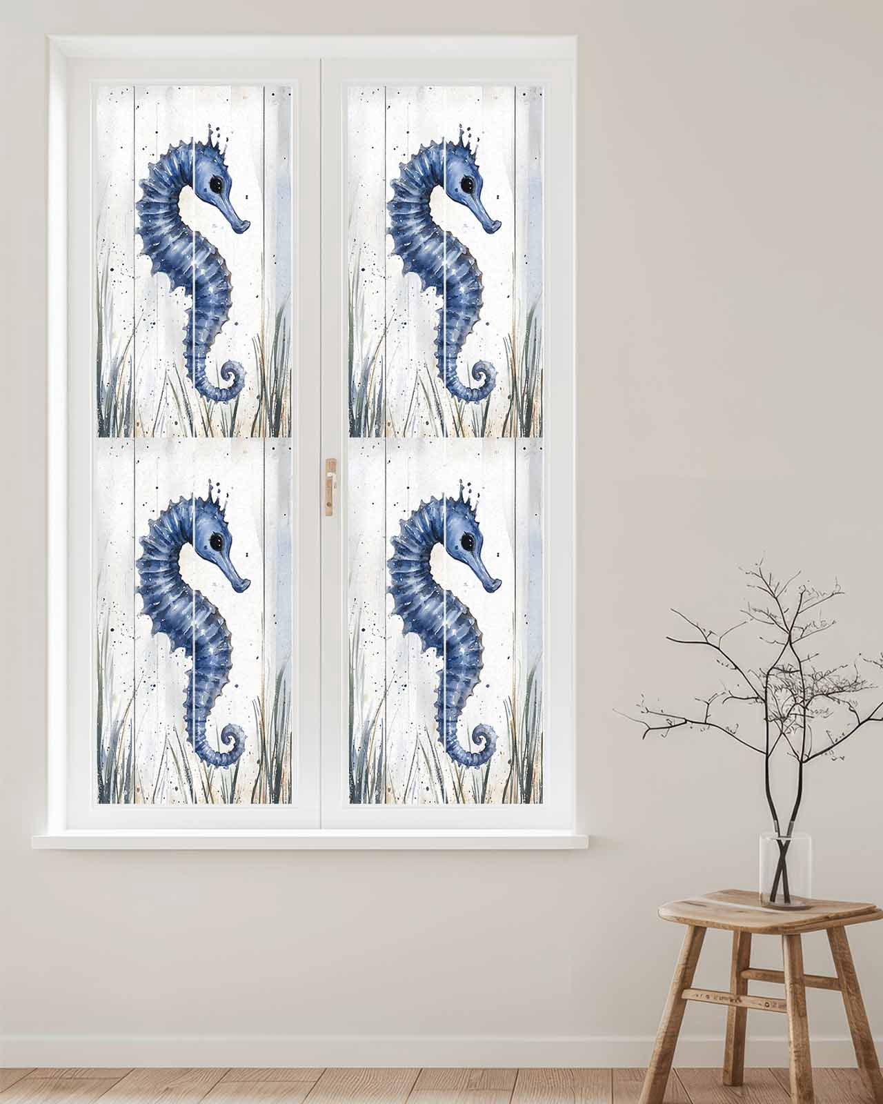 Window Privacy Film Coastal Seahorse Stained Glass Window Film Decorative Sun Block Window Cover Vintage Summer Beach Botanical Window Clings Static Adhesive Sticker for Bathroom 29.5"x118"