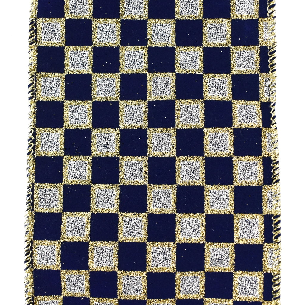 Glittered Checker Board Wired Ribbon, 4-Inch, 10-Yard - Navy Blue/Silver