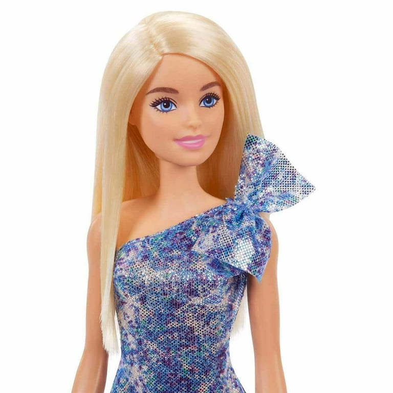 Barbie Doll Fashions Blonde Hair Blue Eyes Doll with Trendy Blue Sequin Mini Dress and Silver Shoes Walmart