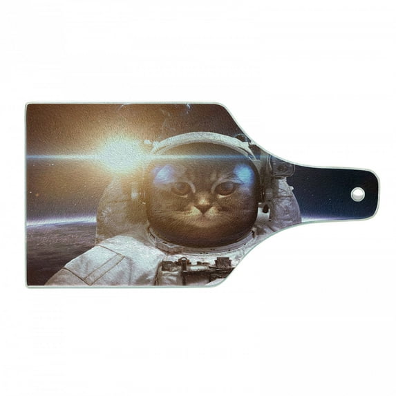 Space Cat Cutting Board, Brave Astronaut Kitty in Suit Above World Lunar Eclipse Backdrop Print, Decorative Tempered Glass Cutting and Serving Board, Wine Bottle Shape, White and Blue, by Ambesonne