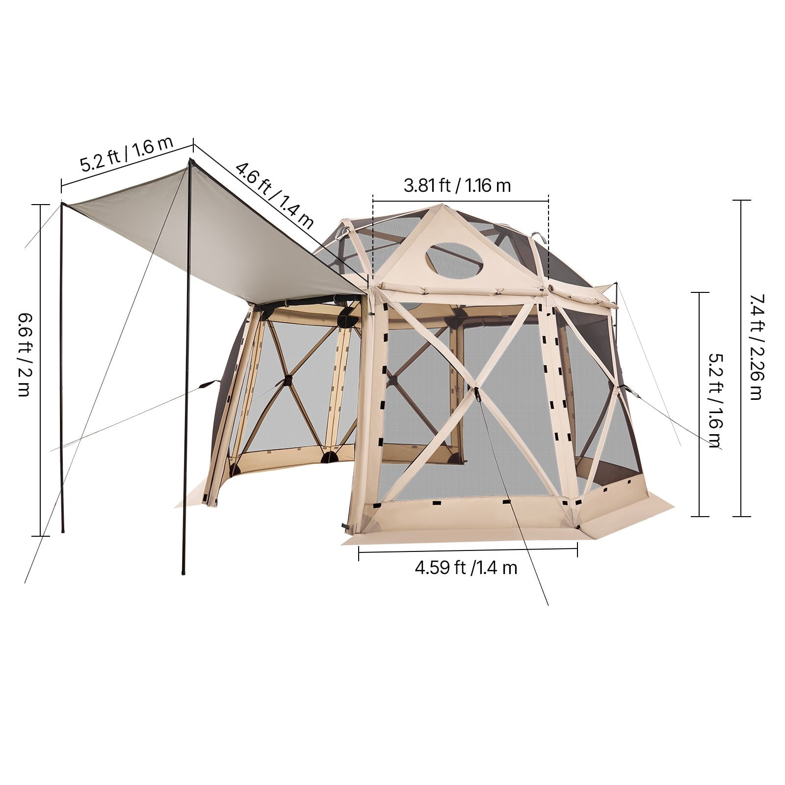 Pop up Gazebo Screen Tent, 12 x 12 ft, 13-Sided Spherical Camping Canopy Tent with Removable Top & Carry Bag, Quick-Set & Bite-Proof, Screen House Sun Shelter for 8-10 Persons, Beige