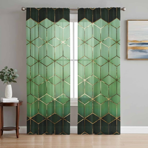 Green Geometric Sheer Curtains 63 Inch Length 2 Panels Set, Ombre Modern Abstract Art Voile Window Treatment Rod Pocket Curtains Sheers Drapes for Bedroom/Living Room/Kitchen 52x"63"x2