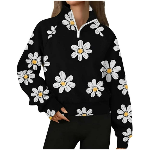 ZUKMRJPC Womens Sweatshirts Quarter Zip Fall Fashion Cute Flower Printing Fleece Cropped Pullover Casual Loose Warm Long Sleeve Tops
