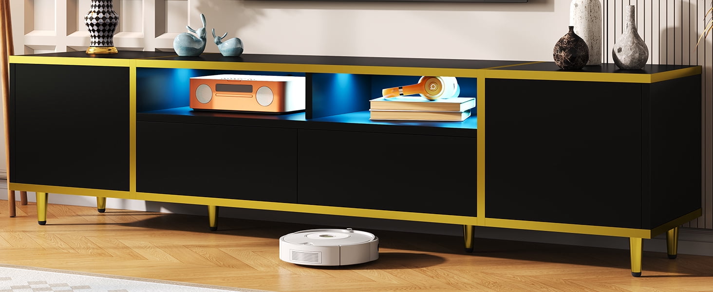 Euroco Modern LED TV Stand with Storage Cabinets, Drawers, Golden Accents & App-Controlled Lighting