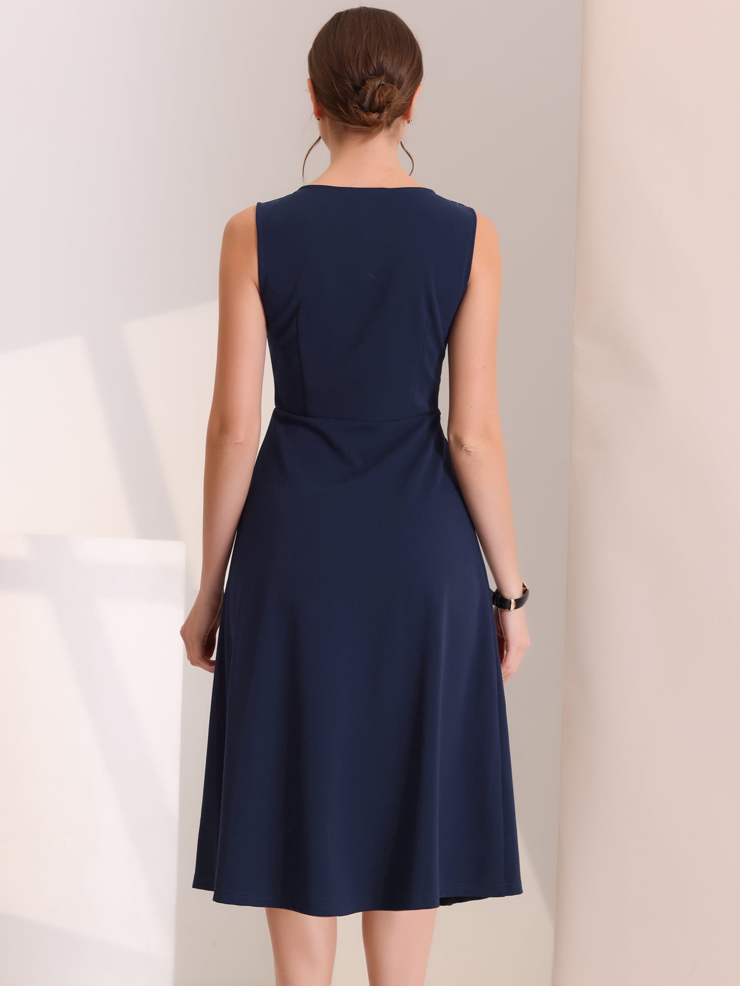 DARING DIVA Striped Crew Neck Sleeveless Midi Work Office Dress M Dark Blue