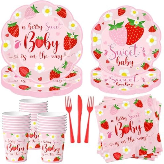 Strawberry Baby Shower Decorations, 150Pcs A Berry Sweet Baby is on the Way Decorations Tableware Sweet Baby Strawberry Plates and Napkins Cups for Girls Strawberry Baby Shower Supplies, Serve 25