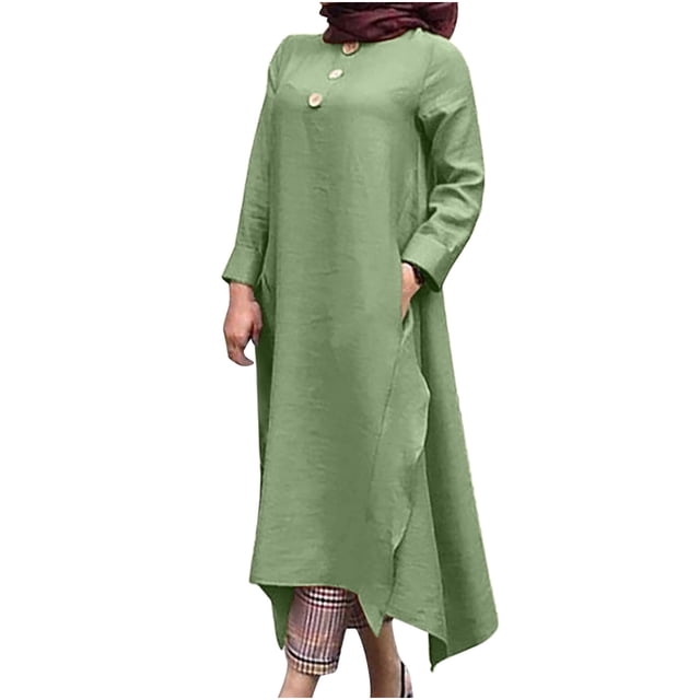 Robe Grande Taille pour Femmes Col Rond Manches Longues Robes Décontractées Unies Amples Été Automne Robe Midi Fluide avec Poches