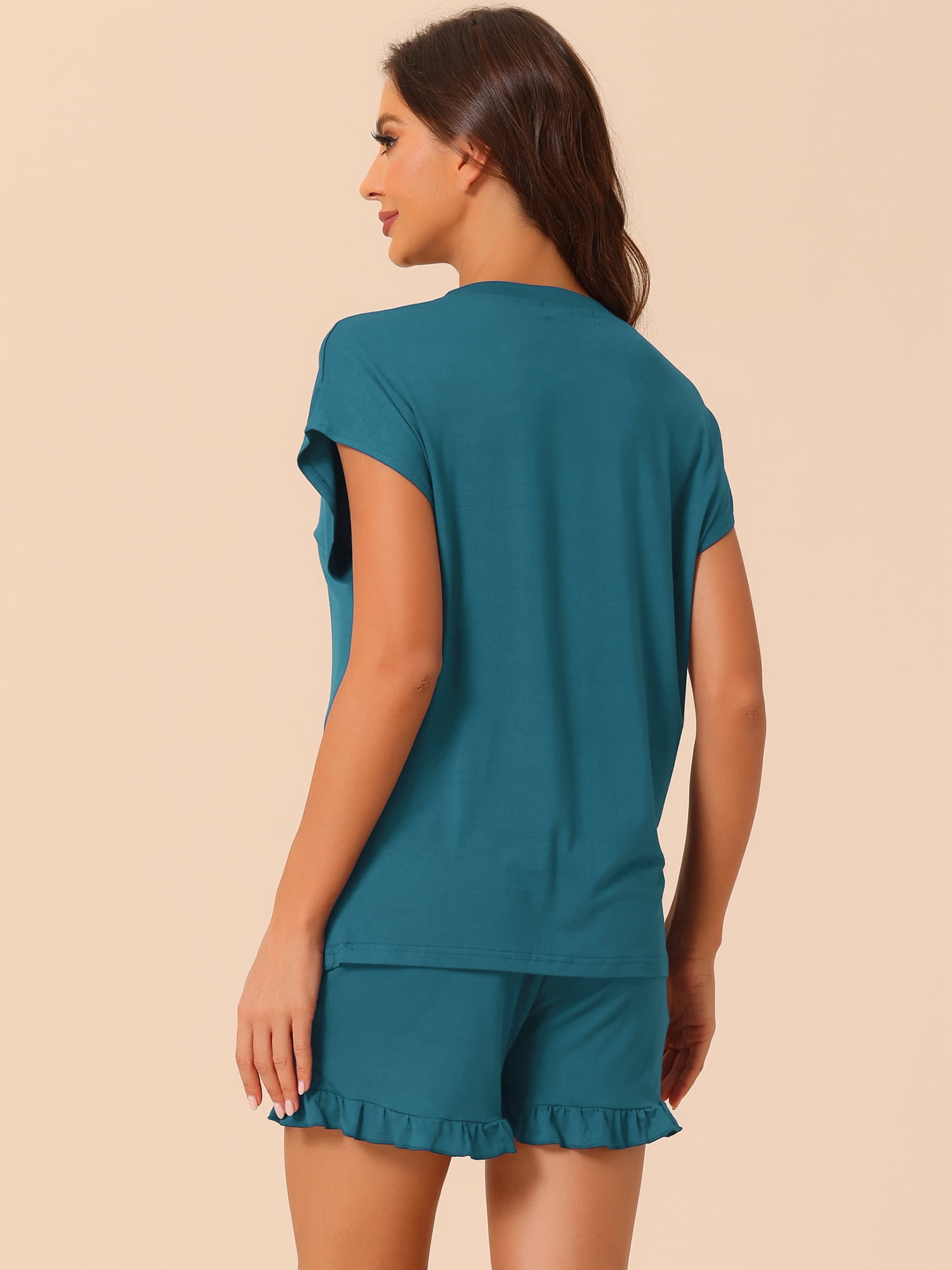 DARING DIVA Women's Lounge Pajamas Short Sleeve Tops with Shorts Pockets L Peacock Green