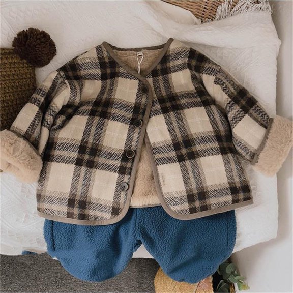 Boys Jackets Crew Neck Thick Lined Loose Fit Plaid Print Long Sleeve Buttons Jacket for Daily Wear Khaki 18-24 Months
