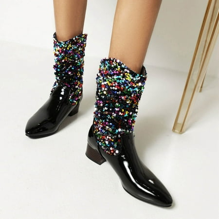 

symoid Womens Mid Calf Boots- Autumn and Winter Sequins Stitching Patent Leather Pointed Toe Boots Flat Boots Black 37