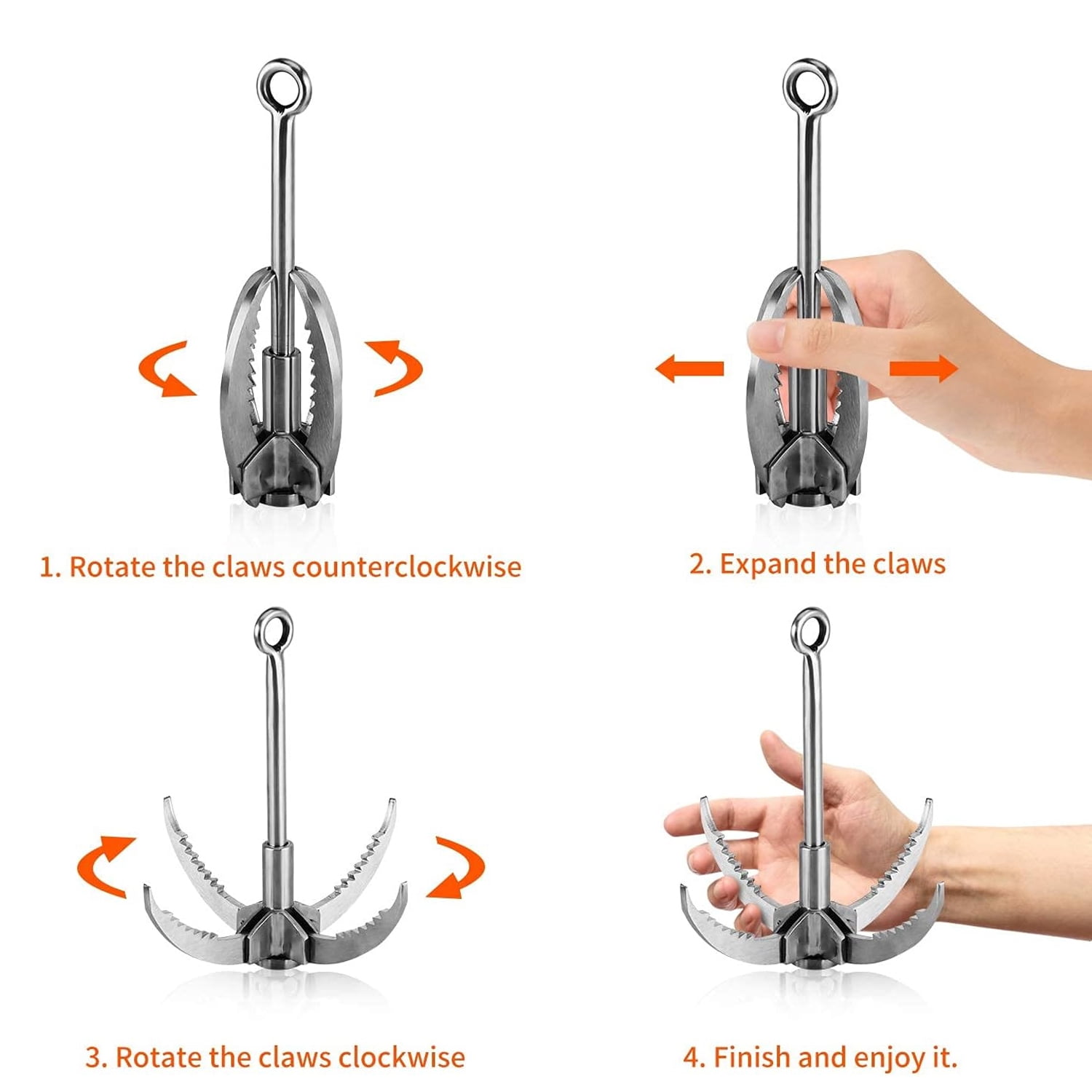 GoXteam Grappling Hook, 4-Claw Folding Stainless Steel Grapple Hooks for Outdoor Survival, Camping, Hiking, Tree &Mountain Climbing