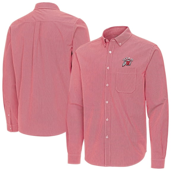 Men's Antigua Red Utah Utes Porter Woven Tri-Blend Long Sleeve Button-Down Shirt
