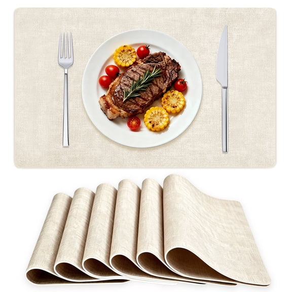 Jayzod Faux Leather Placemats Set of 6, 17×12 Inch Heat Resistant Reversible Beige Table Mats, Waterproof Non‑Slip Wipeable Rectangle Placemats for Indoor Outdoor