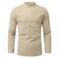 thumbnail image 2 of jsaierl Men's Long Sleeve Henley Shirt Cotton Linen Casual Roll Up Sleeve Hippie Beach T Shirts Solid Stand Collar Button Up Tee Top, 2 of 4