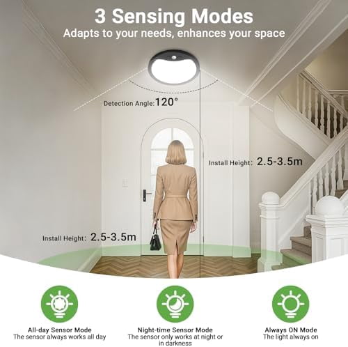 HOVMAP Rechargeable Motion Sensor Ceiling Light, Wired 18W 1800lm 3 Mode Timer Bright LED Flush Mount Light Fixture, Renter Friendly Ceiling Light, Garage Lights, 2Pcs 9" Infrared Sensing Black 3CCT