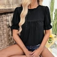 thumbnail image 5 of Meichang Eyelet Embroidery Short Sleeve T Shirts Women Solid Ruffle Trim Crew Neck Tees Shirts Puff Sleeve Loose Fit T-Shirts Dressy Casual Work Blouses Black L, 5 of 8