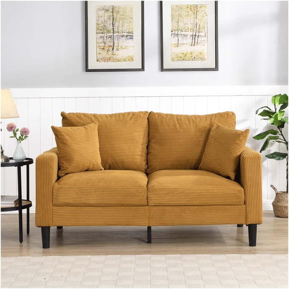 Modern Orange Corduroy Loveseat Sofa for Small Spaces, 2-Seater Upholstered Couch with Pillows, Comfy Apartment Sofa for Living Room, Bedroom