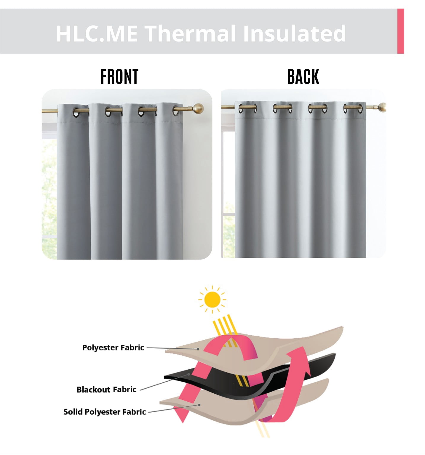 THD Cambridge 96 Inch Blackout Curtains - Grey Curtains for Bedroom, Thermal Drapes, Noise Cancelling Thermal Insulated Window Curtain Grommet Panels, Set of 2 (52 W x 96 L, Light Grey)
