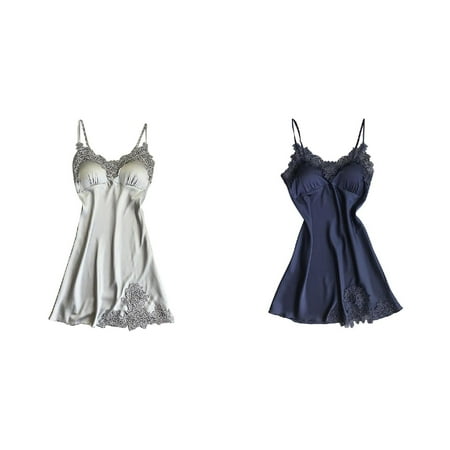 Lojoutye 2 Pack(Navy 1PCS & Silver 1PCS) Multipack with Garter Robe Lace Women Sleepwear Sheer Bras for Women Front Closure Pad Dress Underwear Nightwear Lingerie
