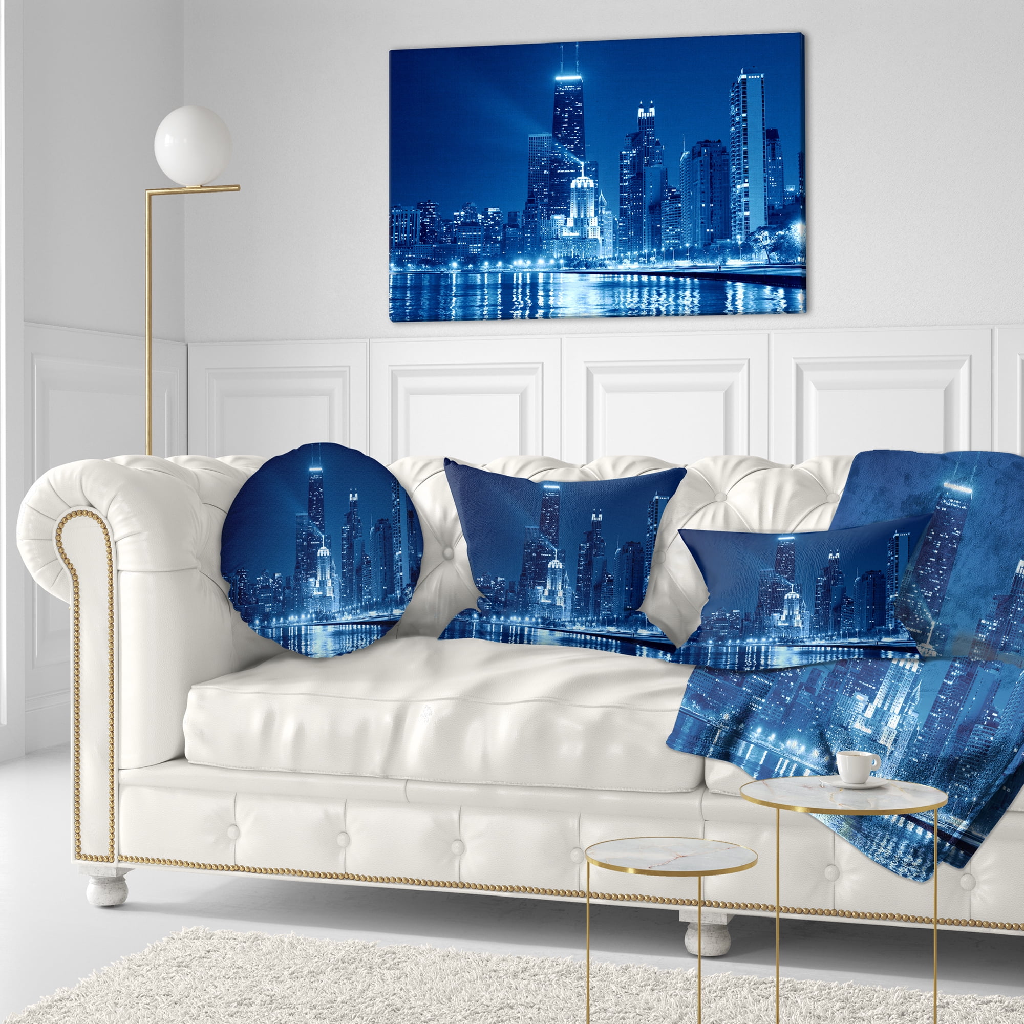 Designart Blue Chicago Skyline Night - Cityscape Photo Throw Pillow - 12x20