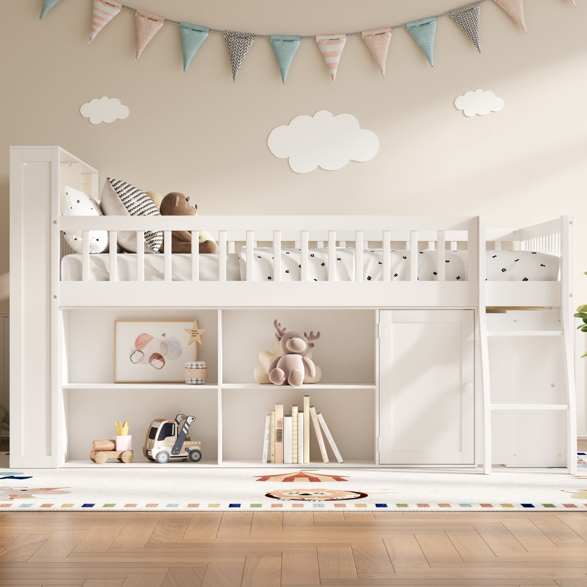 Euroco Wood Queen Size Loft Bed with Storage Shelves and LED Light, White