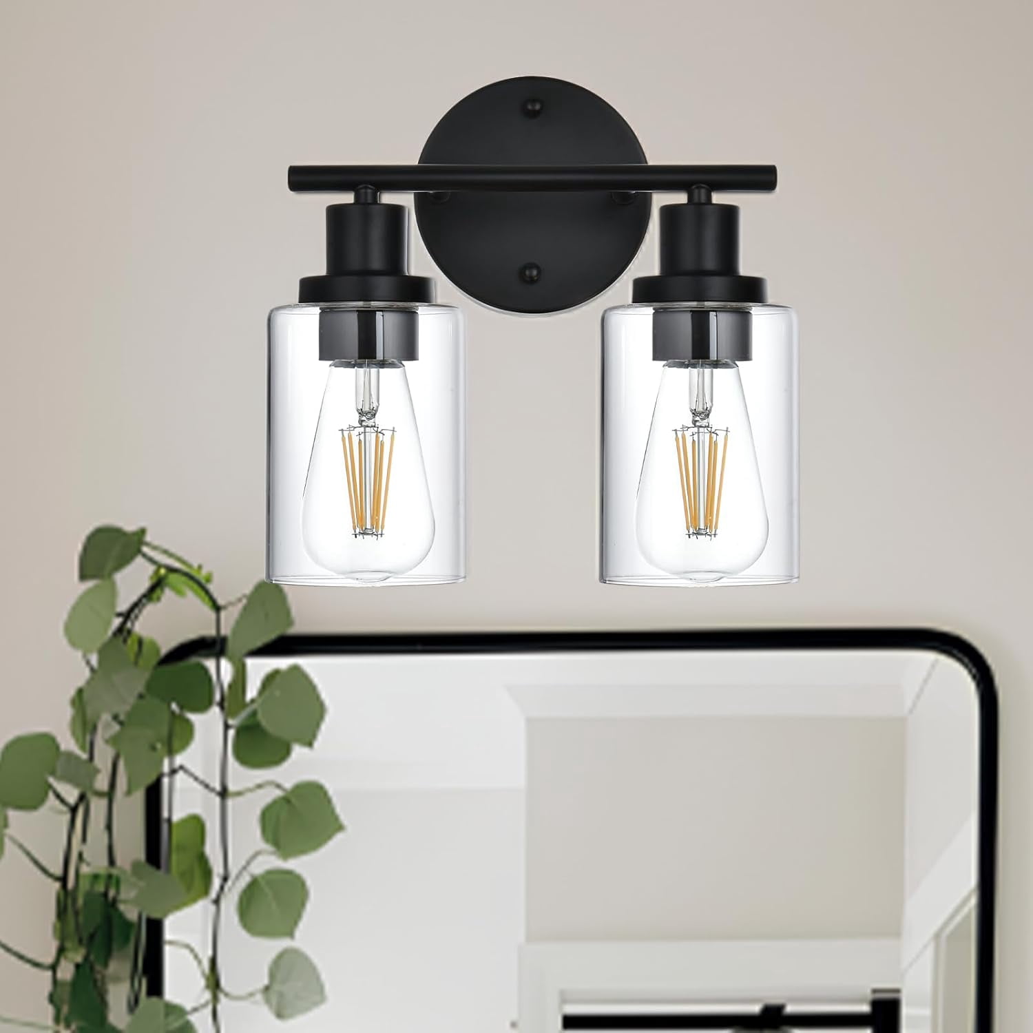 Melucee 2-light Vanity Light with Round Plate – Black Modern Bathroom Light Fixture, Dimmable Wall Sconce for Mirror, Bedroom, Makeup Area