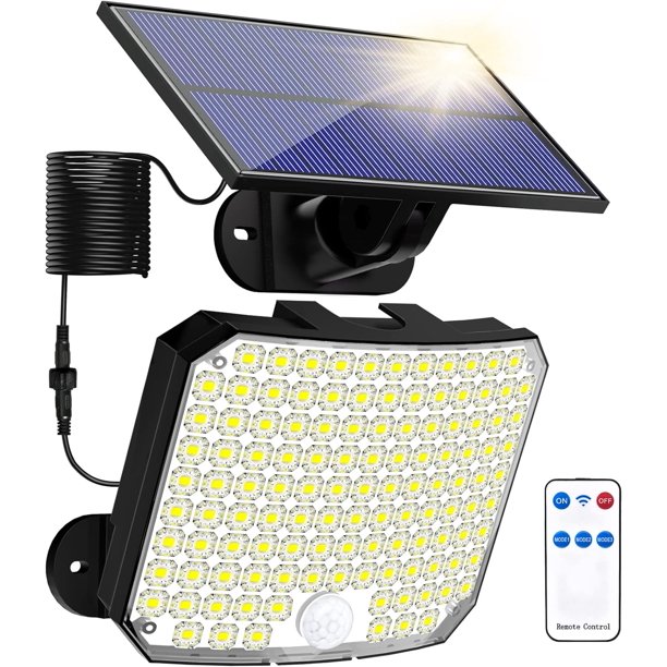 108 luces LED solares con sensor de movimiento con control remoto, luces solares de seguridad impermeables IP65 con cable para patio, garaje, porche, patio, luces solares al aire libre
