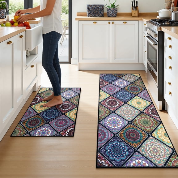 Findosom 2pc Boho Kitchen Rugs and Mats Set, Non Slip Washable Kitchen Runner Rug for Kitchen Floor, Farmhouse Kitchen Decor, Hallway, Entryway, Laundry Room,20"x32" 20"x47" Colorful