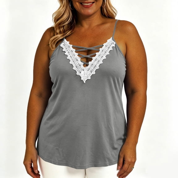 Women's Plus Size Cami Casual Spaghetti Strap V Neck Asymmetrical Hem Tank Top Gray L