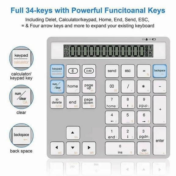 JOMAA Bluetooth  2.4G Wireless Numeric Keyboard with Display Calculator Wireless Number Keypad Financial Accounting Numpad Data Entry