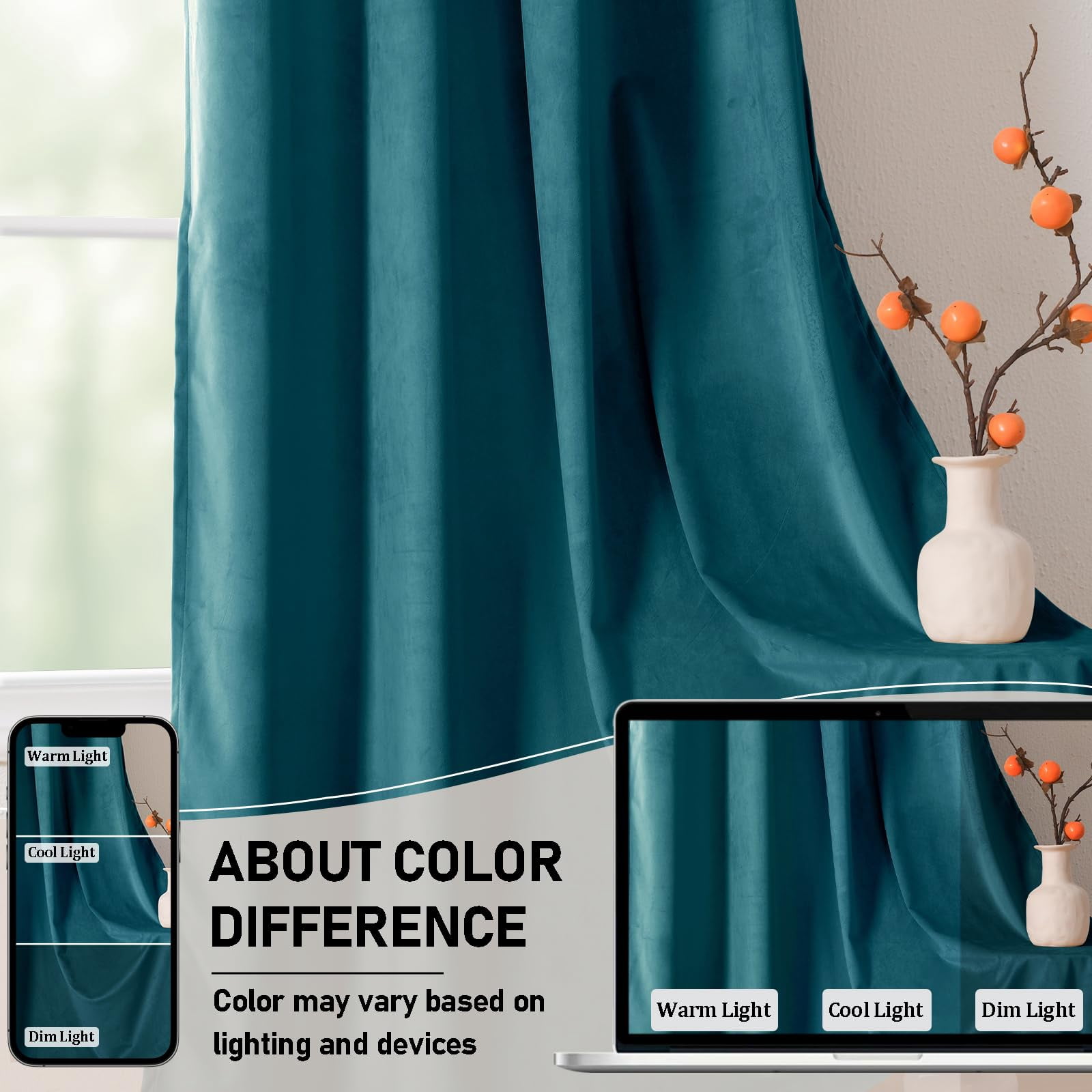 JIUZHEN Teal Room Darkening Velvet Curtains 90 inches Long for Living Room, Soft Rod Pocket Thick Noise Reducing Window Drapes for Bedroom Home Office, 52W x 90L, Set of 2 Panels with Tiebacks
