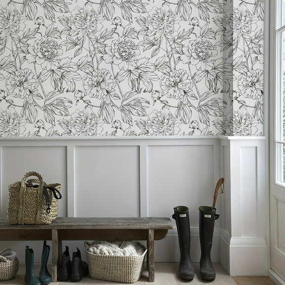 1 Roll Of 44CM Wide Black And White Floral Wallpaper With Adhesive Peeling On The Back