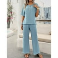 thumbnail image 3 of SWSMCLT Women's Summer 2 Piece Outfit 2 Piece Knit Spring Fall Lounge Set Short Sleeve Sweater Wide Leg Pant Suits Casual Cozy Blue X-Large, 3 of 5
