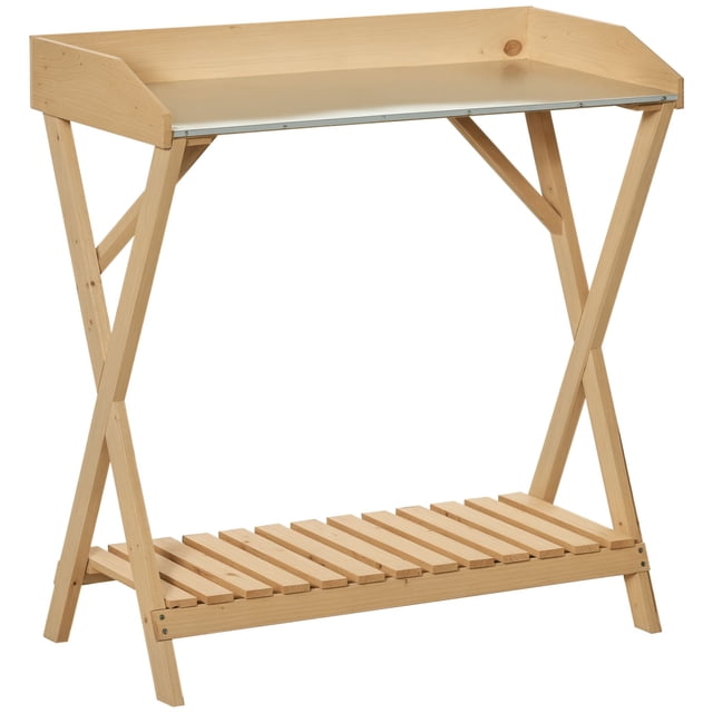 Table de Banc de Rempotage de Jardin, Établi de Plantation Extérieur Rustique en Bois de Sapin avec Dessus en Métal Galvanisé Résistant à la Rouille et Tablette de Rangement, 31.5 Pouces L x 15.75 Pouces L x 33 Pouces H, Brun