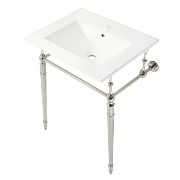Kingston Brass KVPB24187W1PN Edwardian 24" Ceramic Console Sink with Brass Legs (1-Hole), White/Polished Nickel