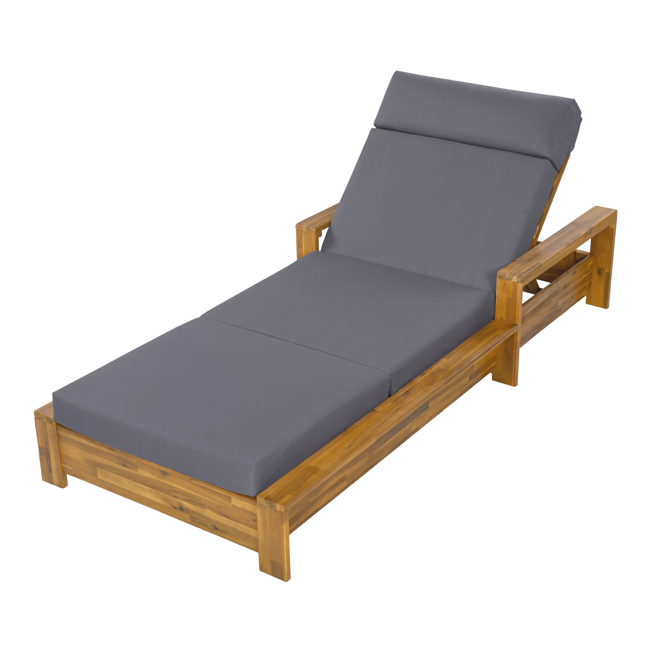 Christopher Knight Home Acacia Wood Outdoor Chaise Lounge Set with Armrests, 4-Fold Cushion, Teak + Dark Gray