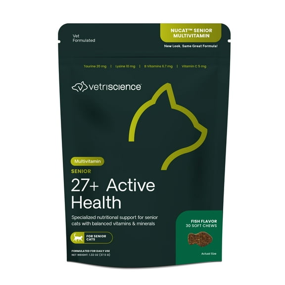 VetriScience 27  Active Health Multivitamin Supplement Chews for Senior Cats, Fish Flavor, 30 Count Bag