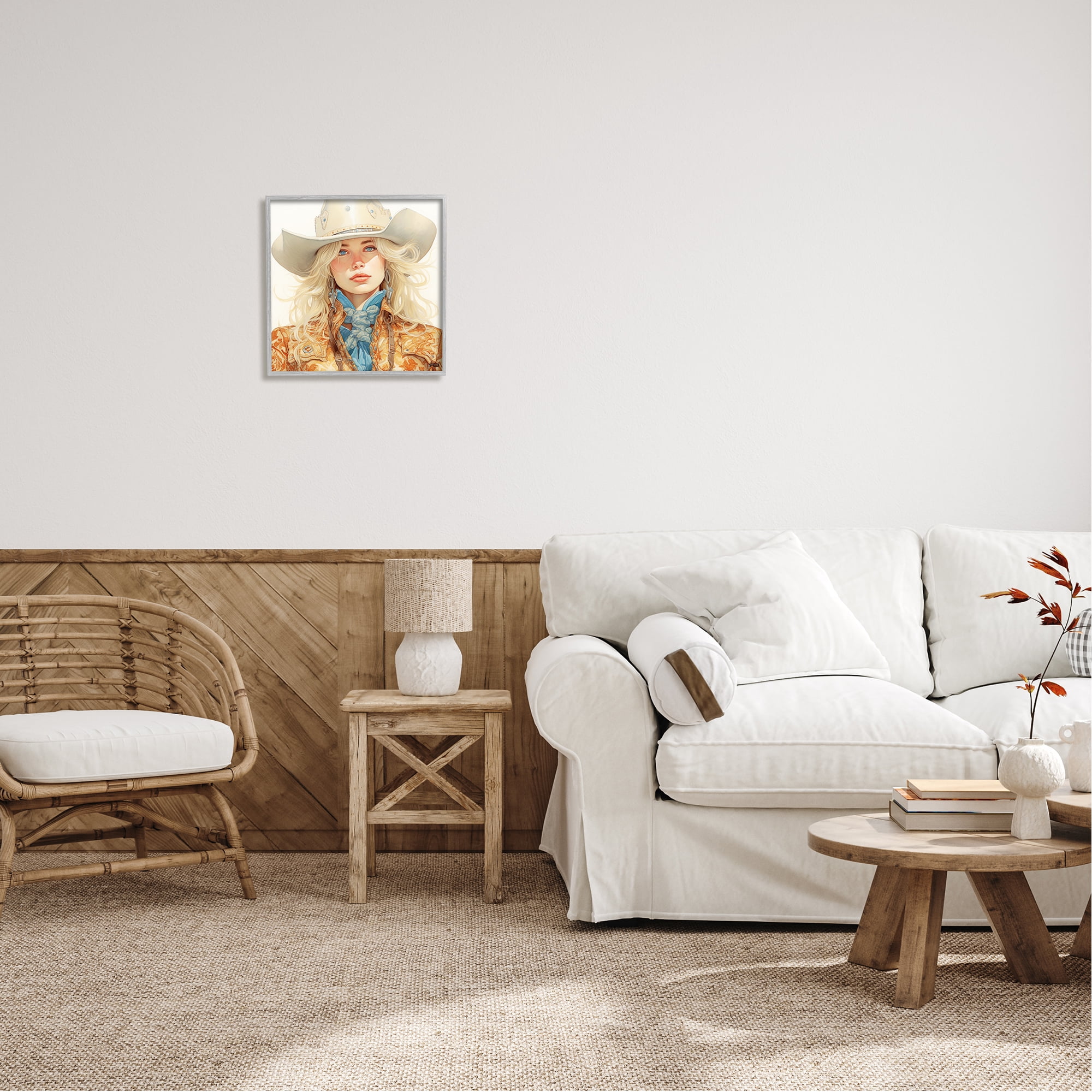 Stupell Industries Blonde Cowgirl Portrait Abstract Painting Gray Framed Art Print Wall Art, 17 x 17