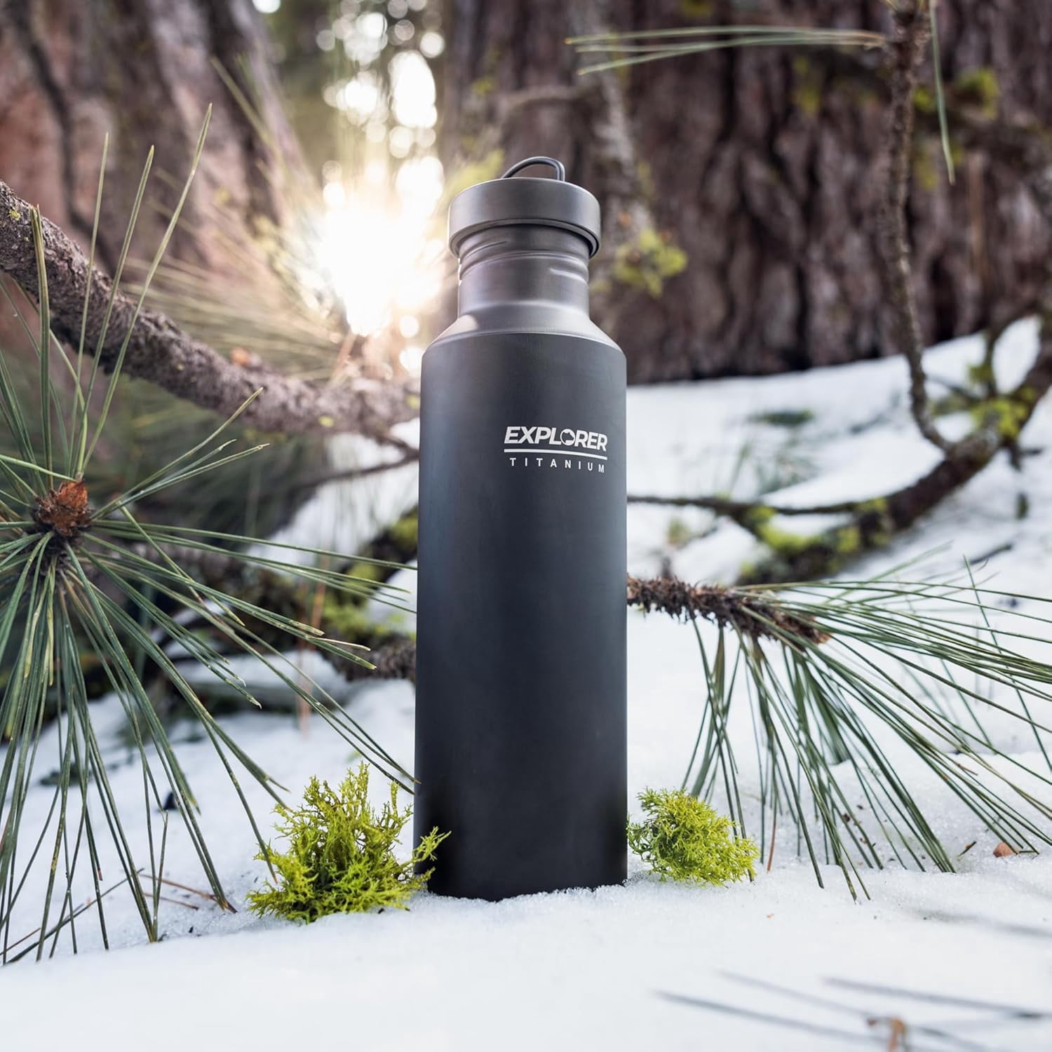 Explorer Bear Black Titanium Camping Sports Water Bottle, 23.6 oz, with Insulated Carrying Pouch