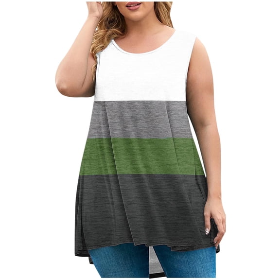 Longline Women Tank Top Plus Size Tank Top Color Block Striped Printed Vest Top Crew Neck Tunic Sleeveless Tops Oversized T Shirts Loose Plain Camisoles Womens Vests Size L-5XL