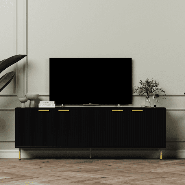 Aykah Luna Meuble Télé de 71 Pouces avec Rangement pour Télé jusqu'à 75 Pouces avec 4 Armoires de Rangement, Table Télé Moderne, Console Télé avec Pattes en Métal pour Salon