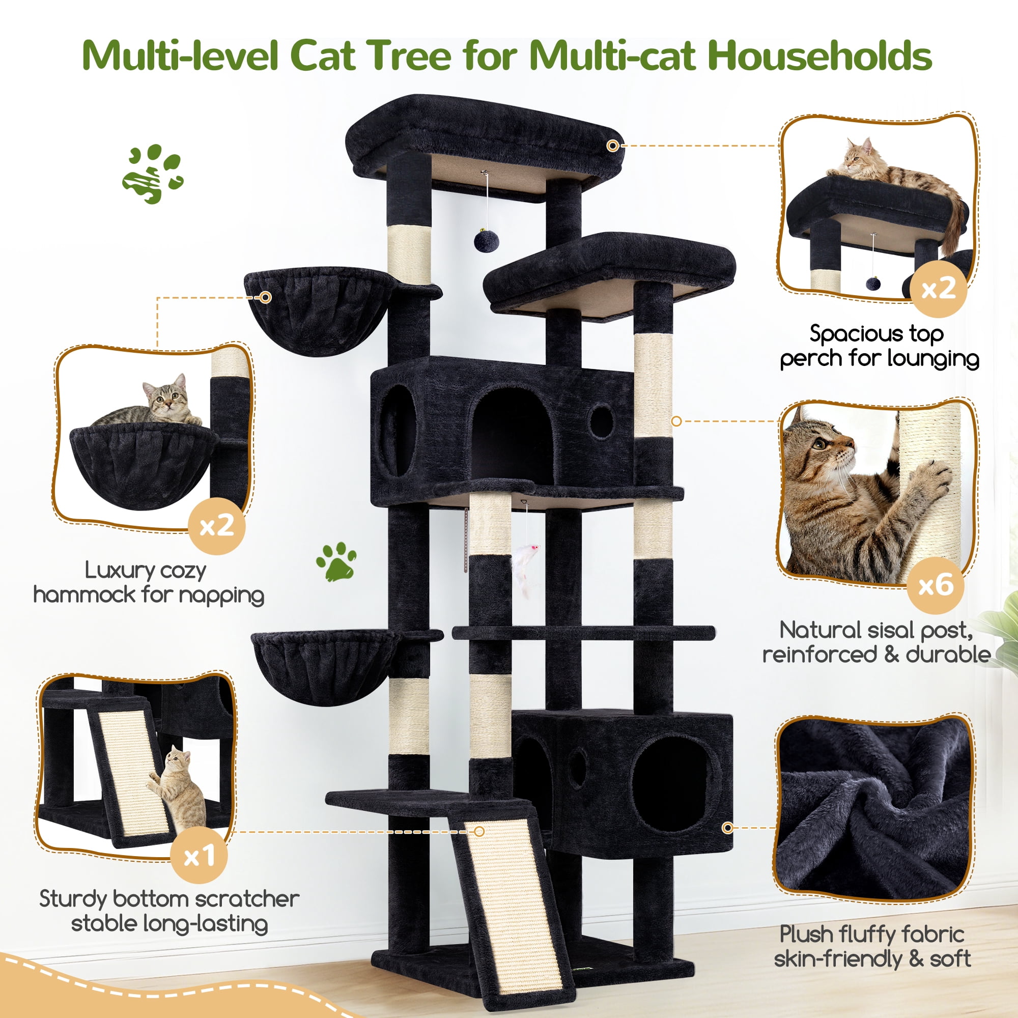 Globlazer 77" Large Cat Tree and Tower Condo for Indoor Cats with Sisal Scratching Posts, Condos, Hammock & Hammock, Light Gray Dark Gray