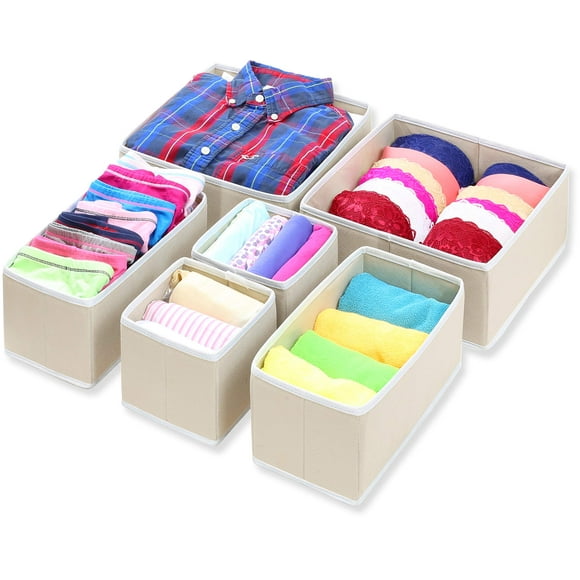 Simple Houseware Caja de almacenamiento de tela plegable, armario, cómoda, cajón, organizador, cestas para ropa interior, sujetadores, color beige (juego de 6)