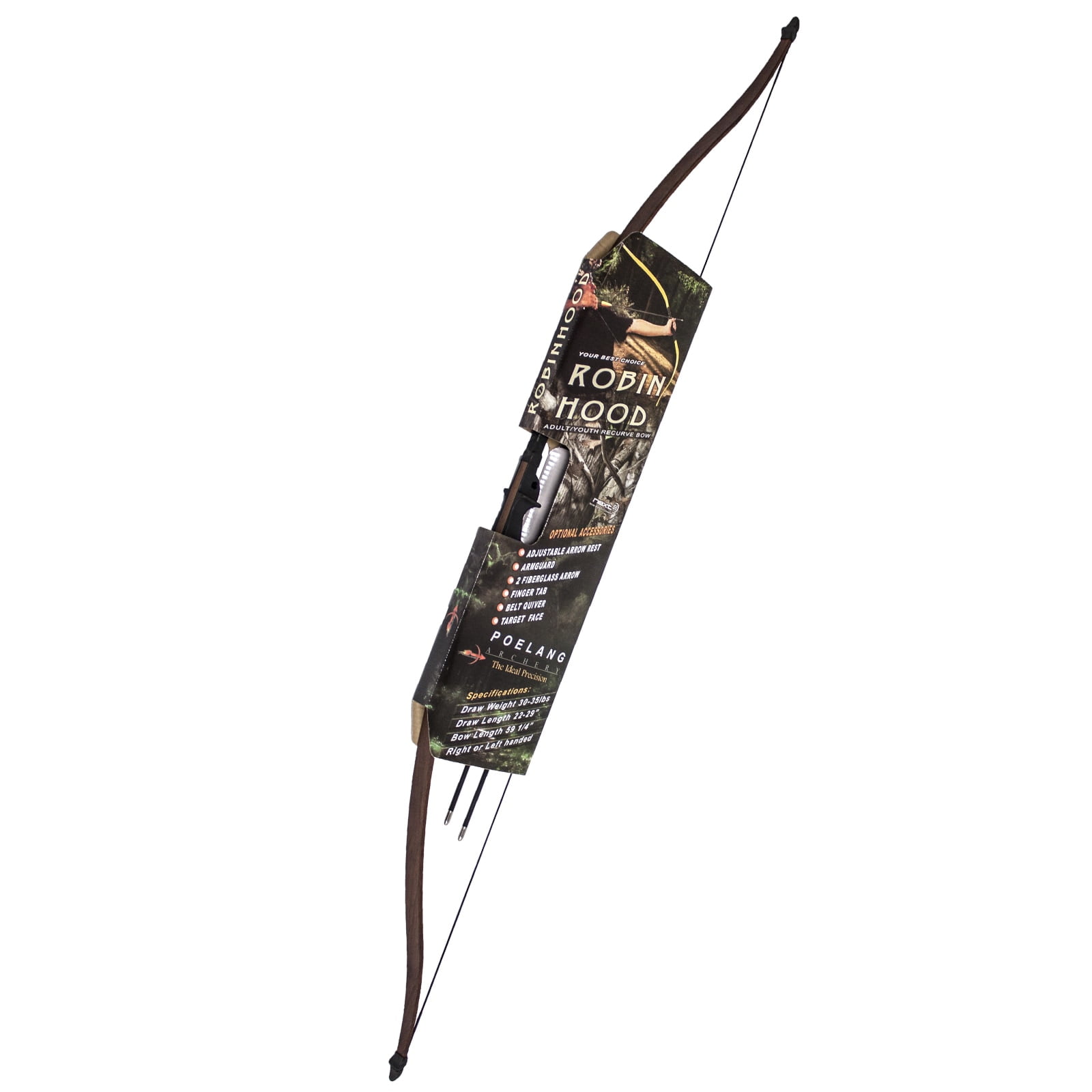 SAS 30-35lbs 22-29" Robinhood Long Bow w/ Armguard, Arrow Rest and 2 x Arrows