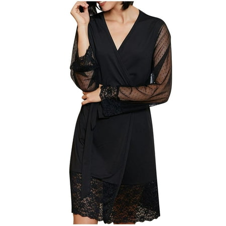 Women Balck Lace Robe Chemise Lingerie Bride Robe for Wedding Party Long Sleeve Mesh Nightgown Plus Size Robes for Women S-134 Black XL