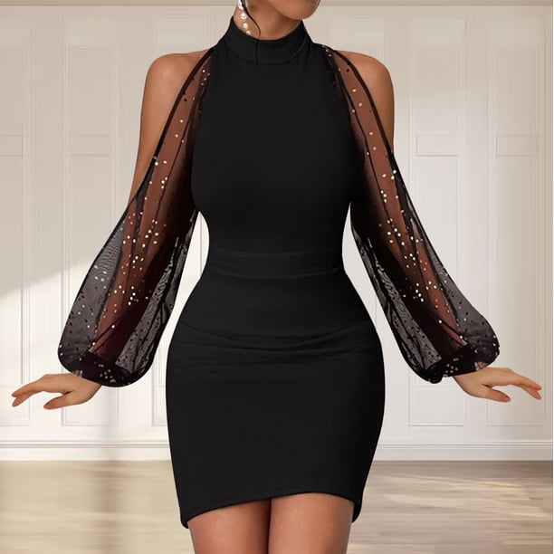 AherBiu Formal Dresses for Women Long Sleeve Mesh Cold Shoulder High Neck  Slim Cocktail Party Short Dress - Walmart.ca